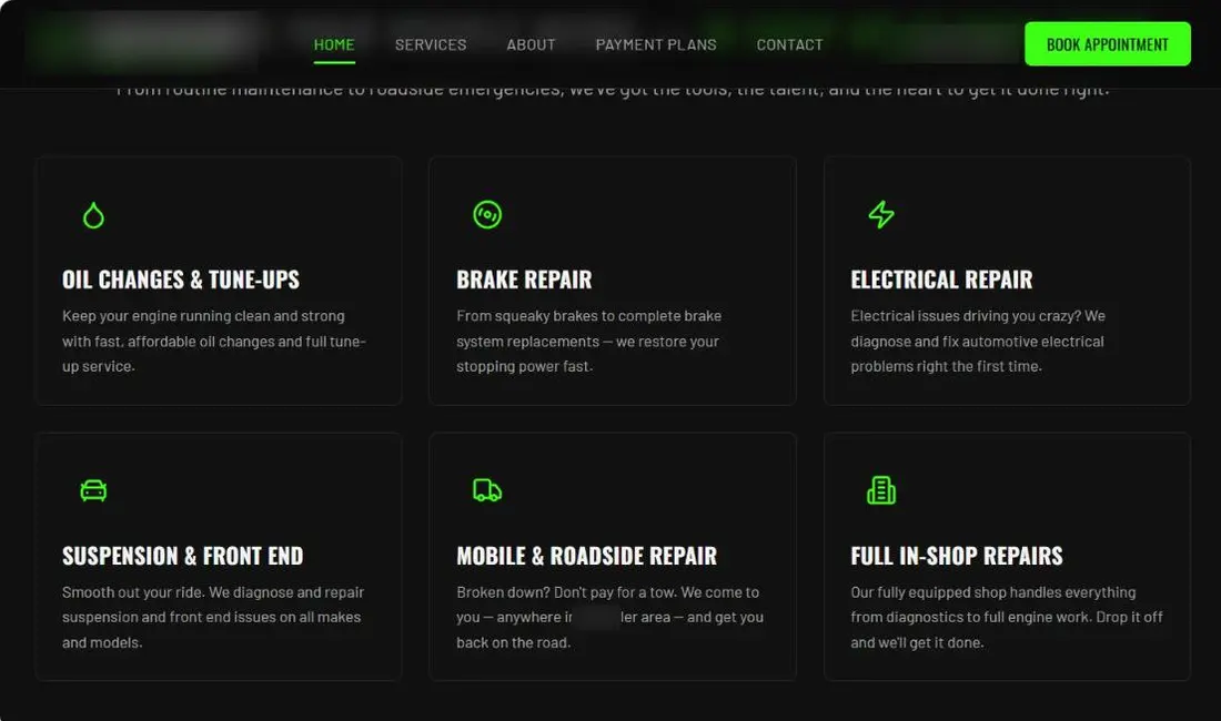 Example auto repair website we built, business details hidden
