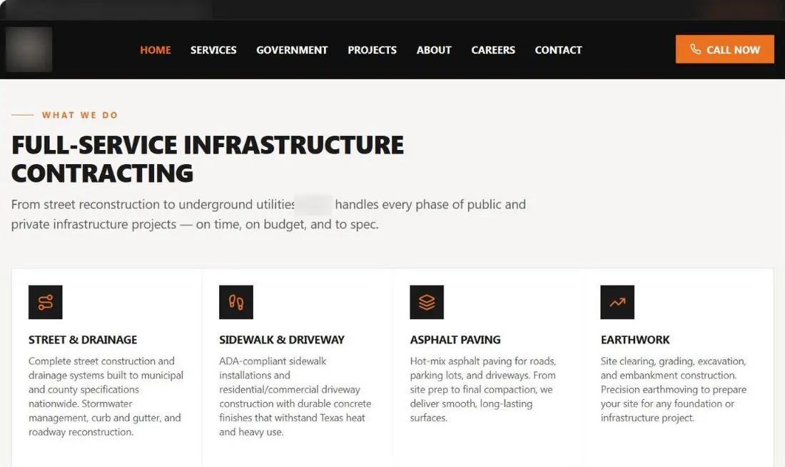 Example contractor website we built, business details hidden