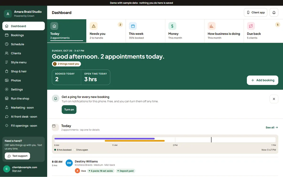 Crown salon owner dashboard with sample data