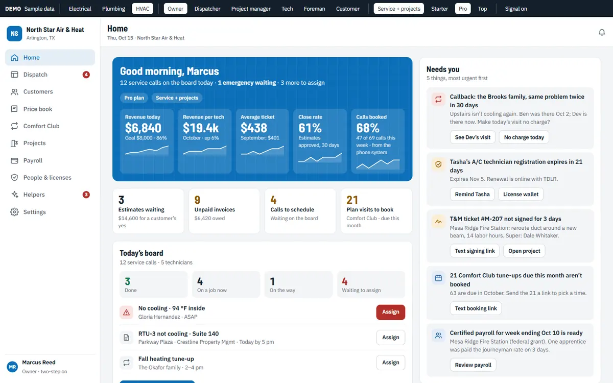 MEP service app owner board with sample data