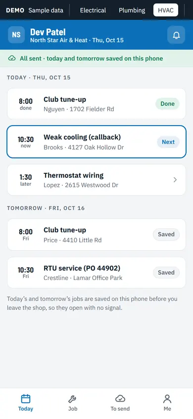 MEP technician phone app with sample data